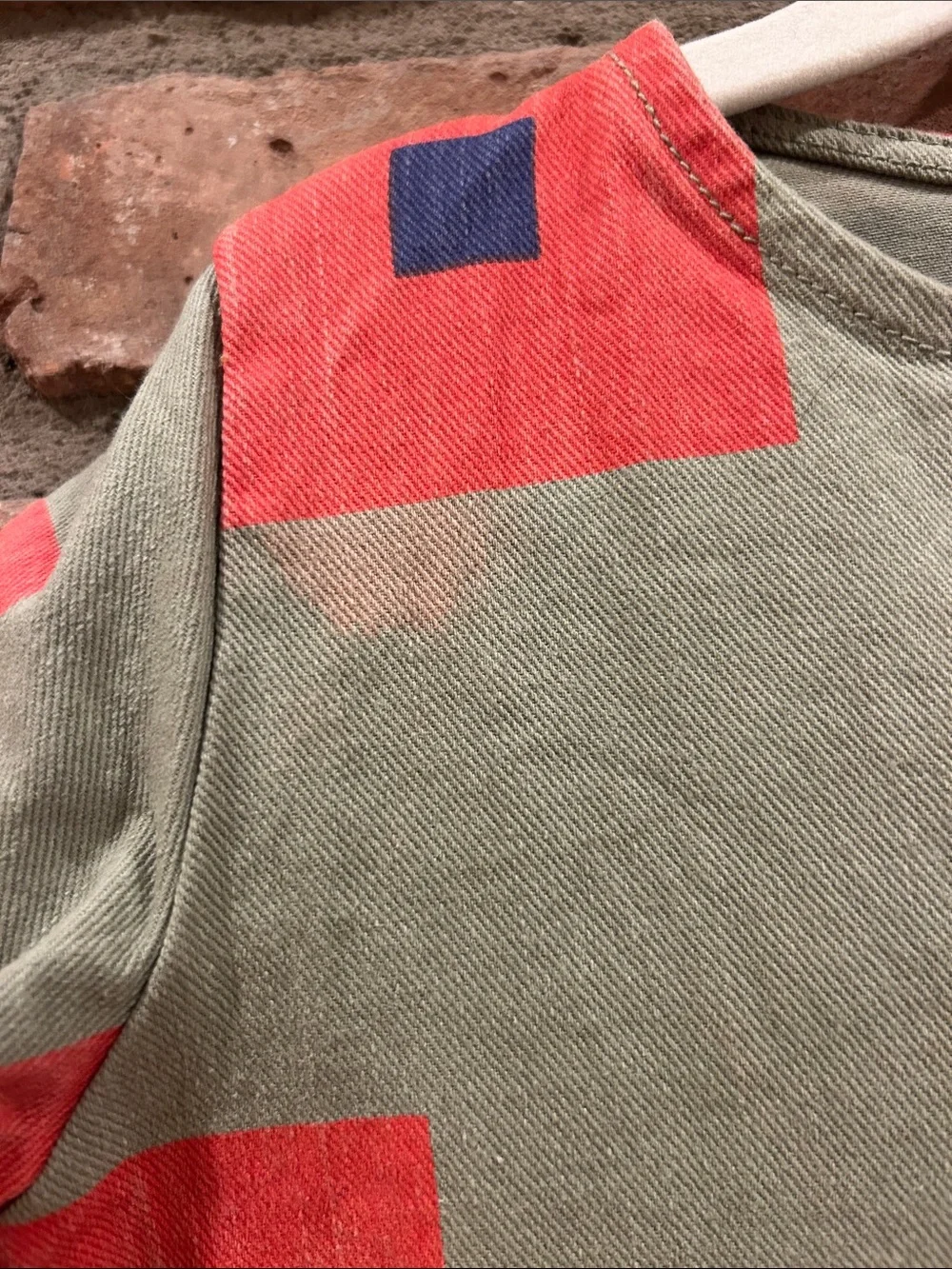 Bobo Choses Olive Green Jumpsuit with Coral & Navy Geometric Print